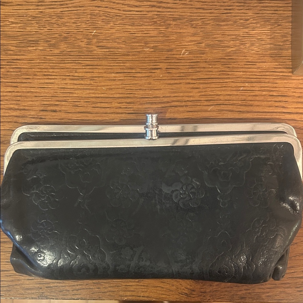 HOBO Black Floral-Embossed Leather Metal Frame Clutch